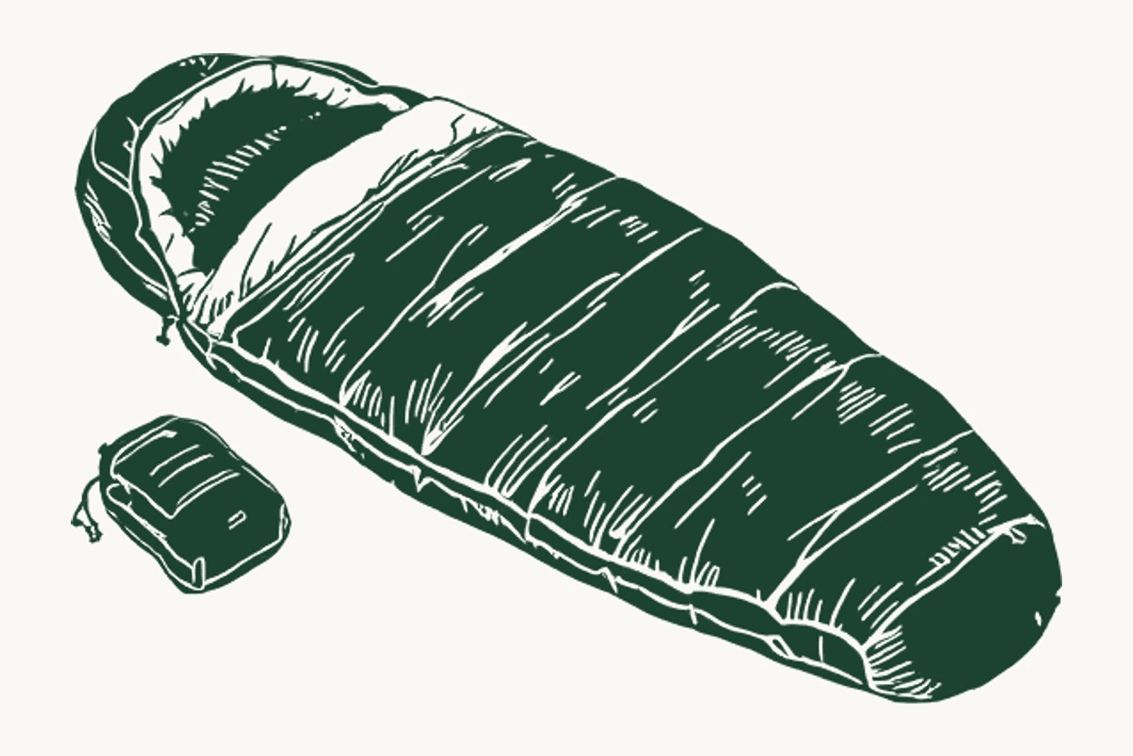 Un sac de couchage sarcophage à demi déroulé, son sac de rangement posé à côté.