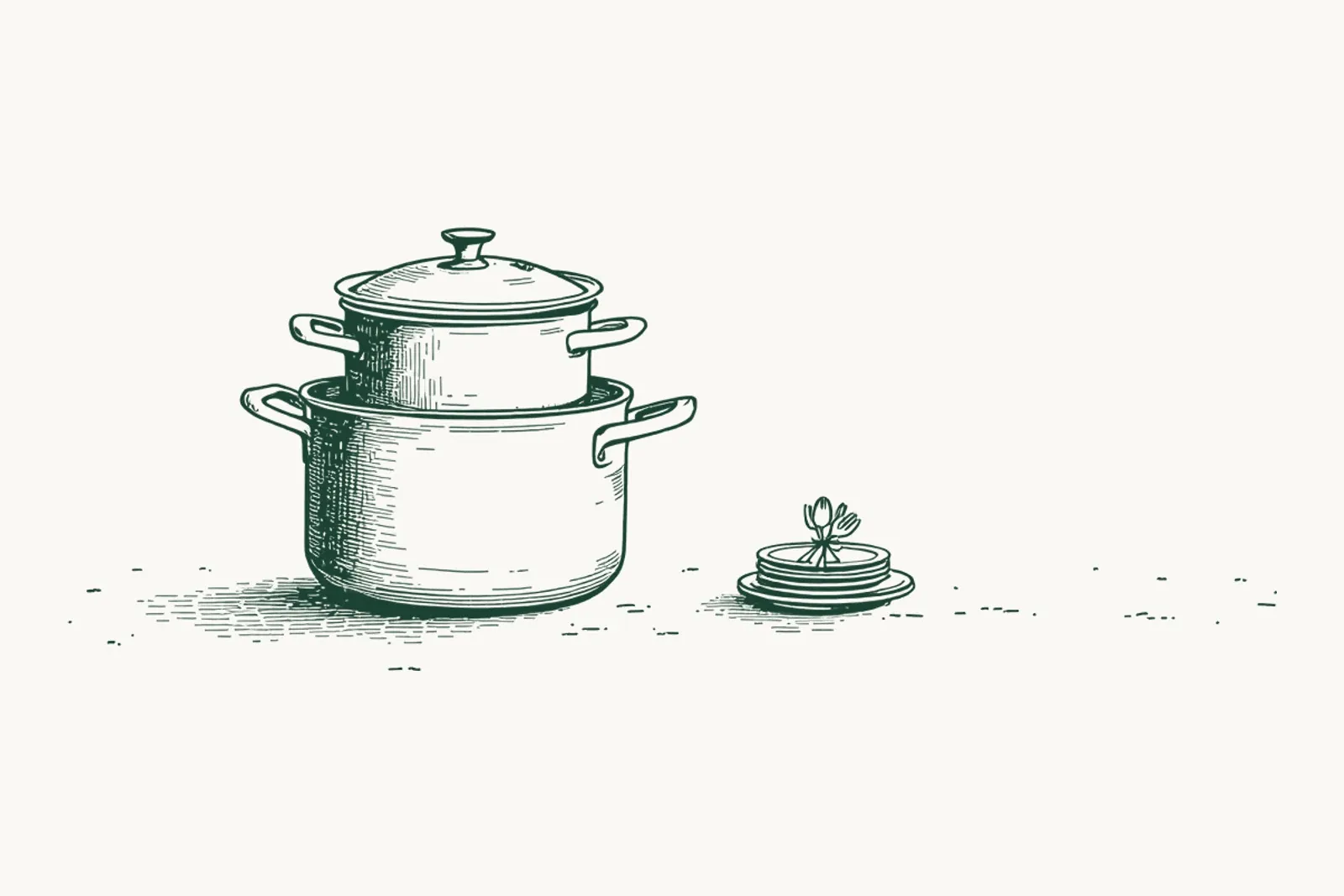 Deux casseroles emboîtées sous un couvercle, une pile d’assiettes et des couverts liés par une ficelle posés au sol.