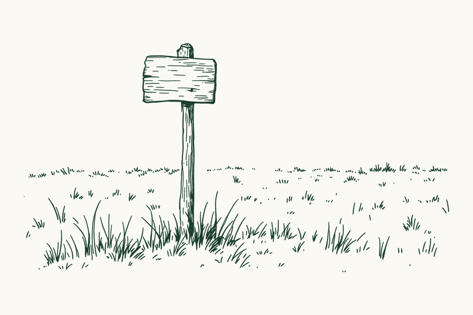 Un panneau de bois à l'entrée d'un pré, une borne d'emplacement numérotée et une carte pliée.